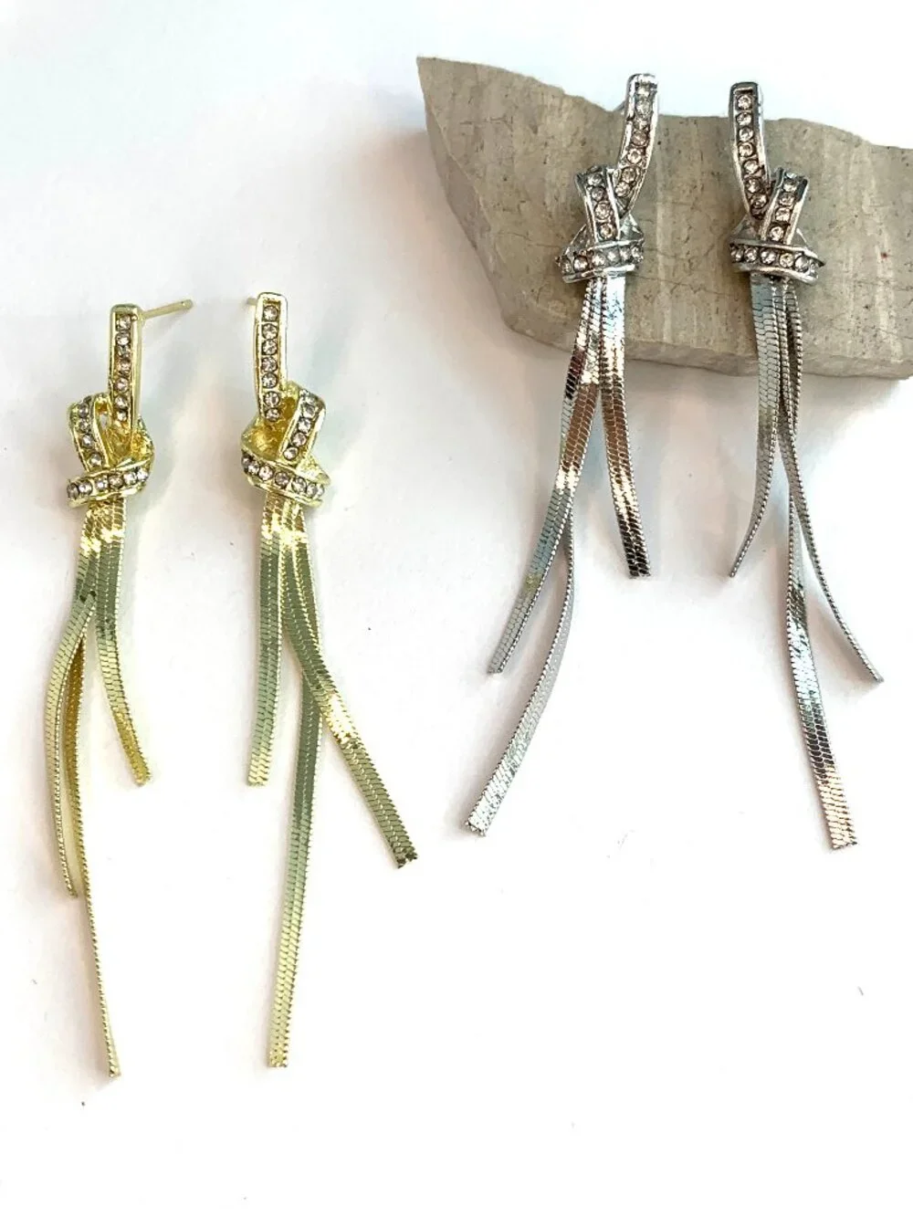 NEW~ Anthropologie Crystal Encrusted Knot Long Fringe Gold Earrings_6